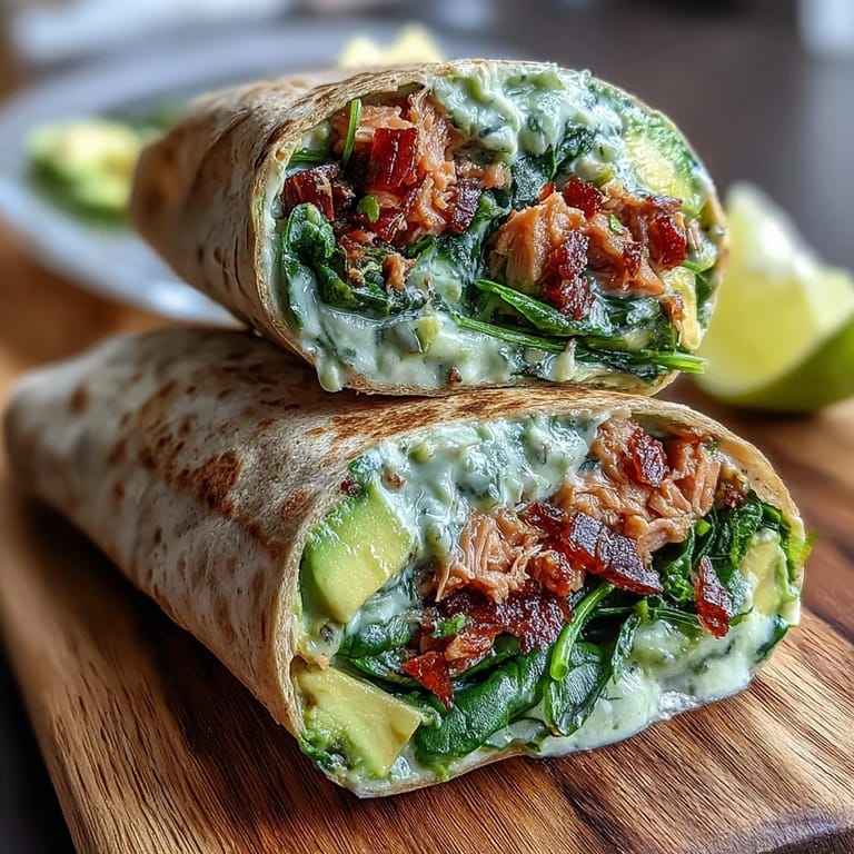 Creamy avocado tuna salad rolled in whole wheat tortillas with vibrant spinach for a protein-packed wrap.