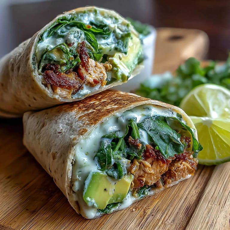 Easy five-ingredient tuna avocado wraps filled with fresh spinach, ideal for a light and nutritious meal.
