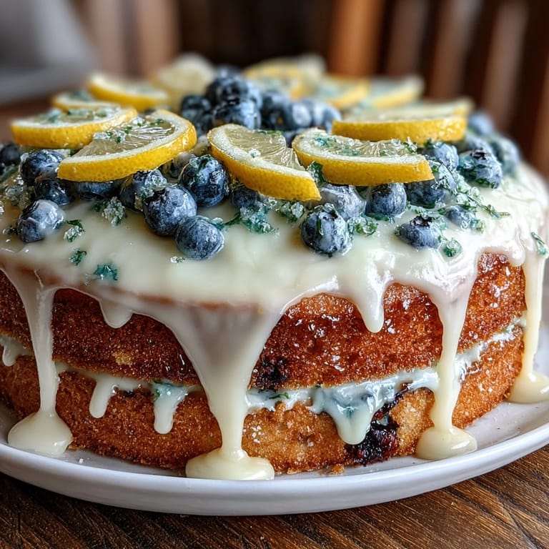 Moist lemon blueberry cake bursting with juicy berries, topped with swirls of tangy lemon cream cheese frosting.