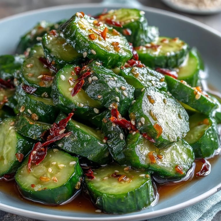 Refreshing Asian-inspired smashed cucumber salad with garlicky chili oil, topped with sesame seeds and scallions.
