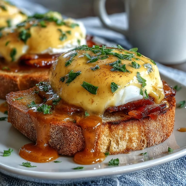 Golden poached eggs rest atop crisp Canadian bacon and buttered English muffins, drizzled with rich, velvety Hollandaise sauce for a luxurious brunch treat.
