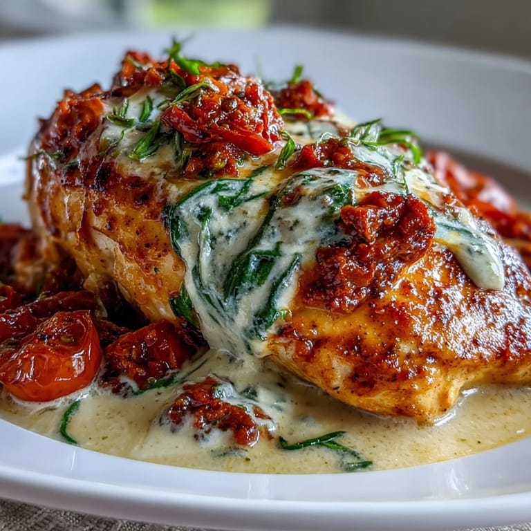 Golden seared chicken breasts in a velvety Tuscan cream sauce with sun-dried tomatoes and spinach.  