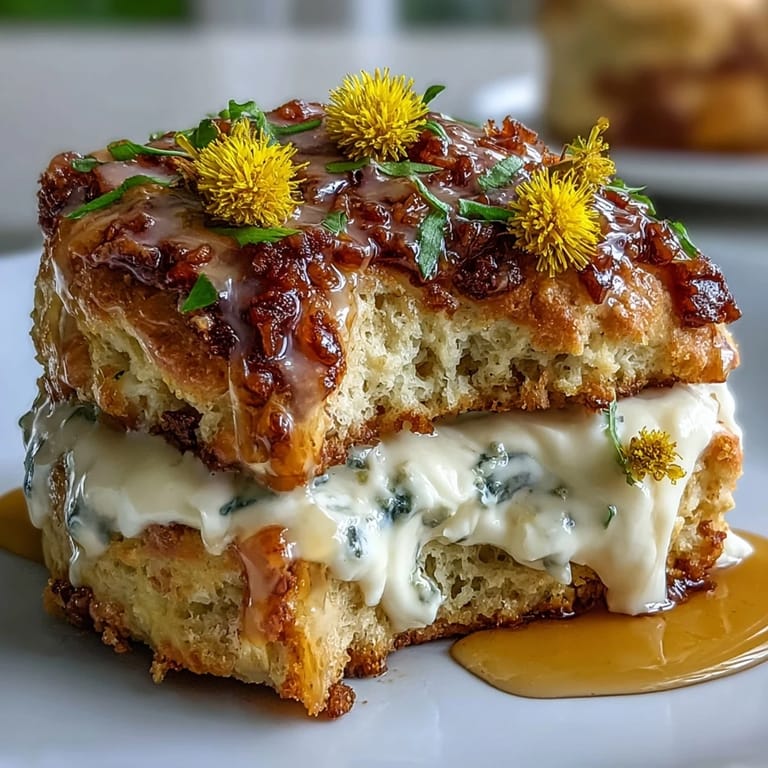 Warm dandelion honey scones with clotted cream, golden brown and drizzled with honey, perfect for a springtime brunch.