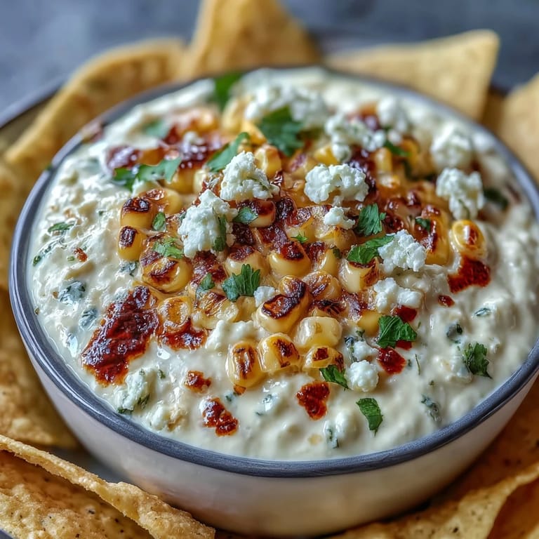 Spicy Mexican elote dip featuring smoky paprika, jalapeño, and cotija cheese, paired with golden tortilla chips for a crowd-pleasing snack.