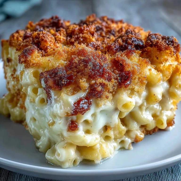 Baked macaroni and cheese with creamy cheddar-Gruyère sauce, topped with crispy breadcrumbs, ideal for holiday gatherings or potlucks.