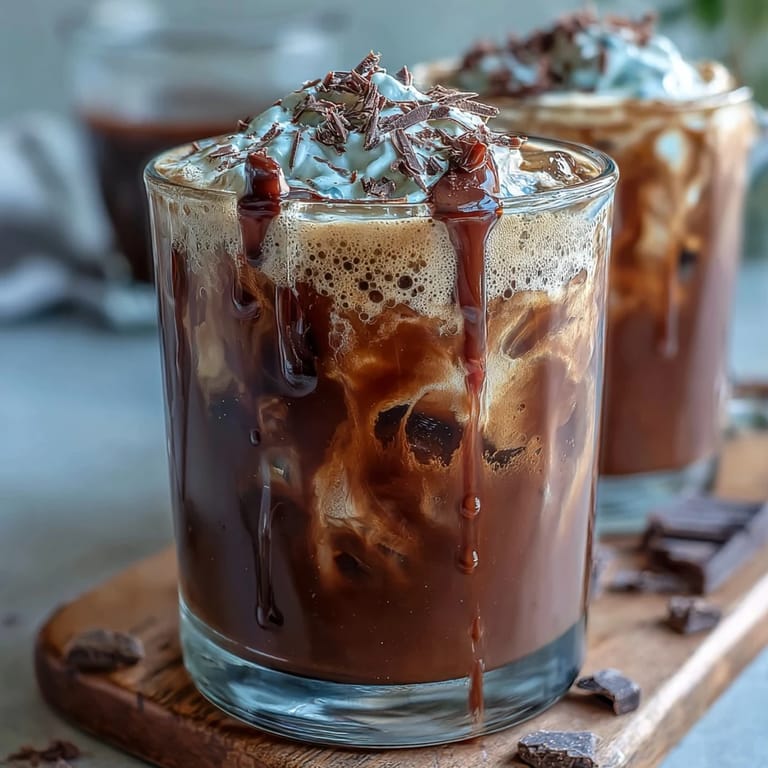 Refreshing chocolate cream cold brew served over ice with chocolate garnish