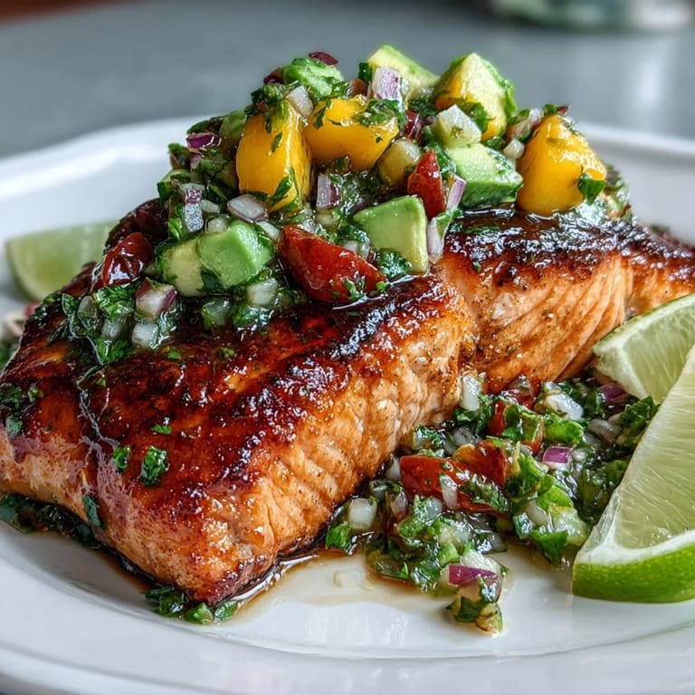 Zesty baked salmon paired with bright mango avocado salsa, offering a colorful and healthy main course for any occasion.
