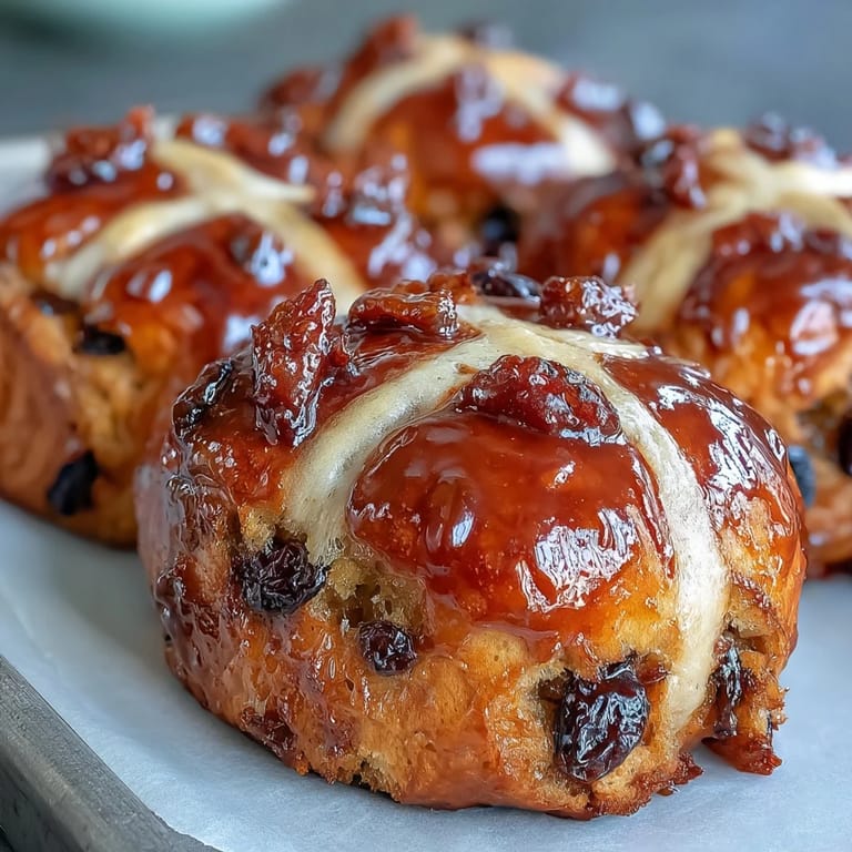Warm, tender hot cross buns with orange glaze, studded with juicy currants and finished with a glossy citrus topping.