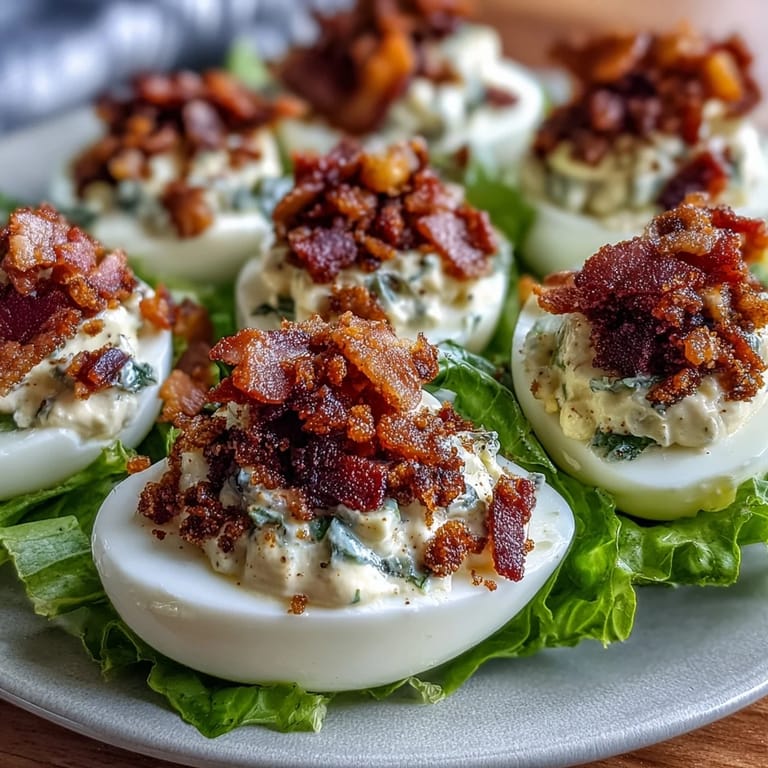 Classic deviled eggs get a BLT upgrade with smoky bacon, crisp lettuce, and fresh tomatoes for a crowd-pleasing bite.