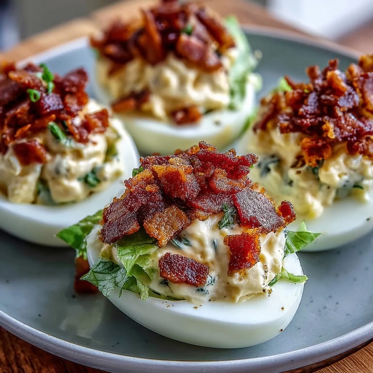 Deviled eggs filled with tangy yolk mixture, garnished with crispy bacon crumbles, diced tomatoes, and shredded romaine for a BLT twist.