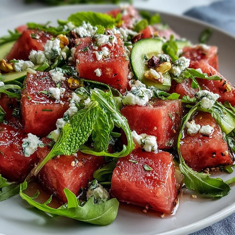 Juicy watermelon cubes, peppery arugula, and tangy feta create a colorful, healthy salad perfect for warm days.