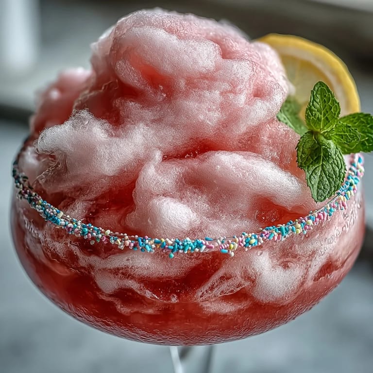Vibrant pink cotton candy dissolving in cold lemonade, topped with creamy vanilla ice cream and fresh mint.