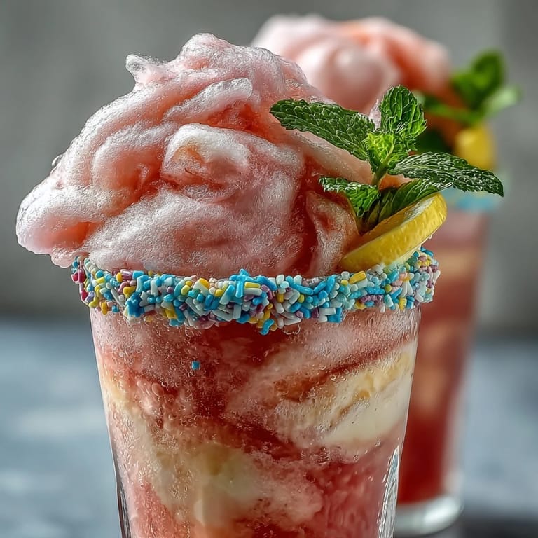 Festive cotton candy lemonade float with rainbow sprinkles, a scoop of ice cream, and a lemon slice garnish.