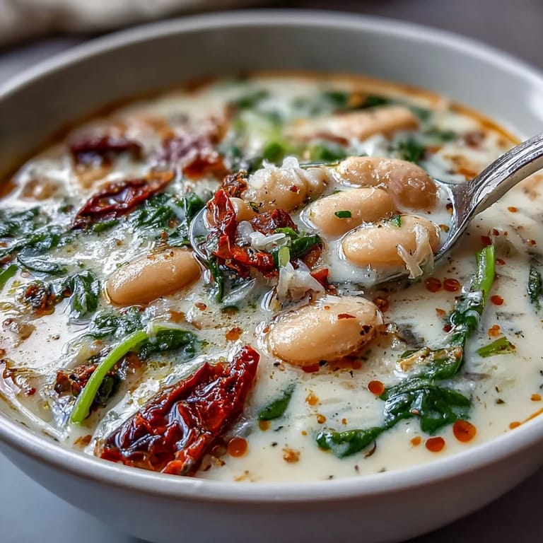 Delicious Creamy Tuscan White Bean Soup, ready for a comforting weeknight dinner.