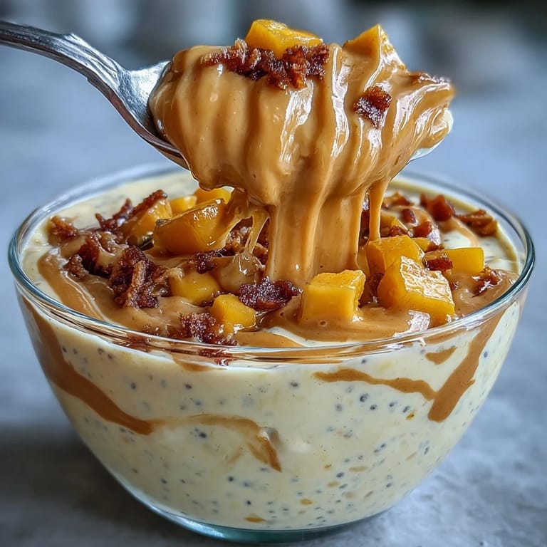 Delightful Mango Lassi Overnight Oats, ready to enjoy with yogurt and sweet fruit.