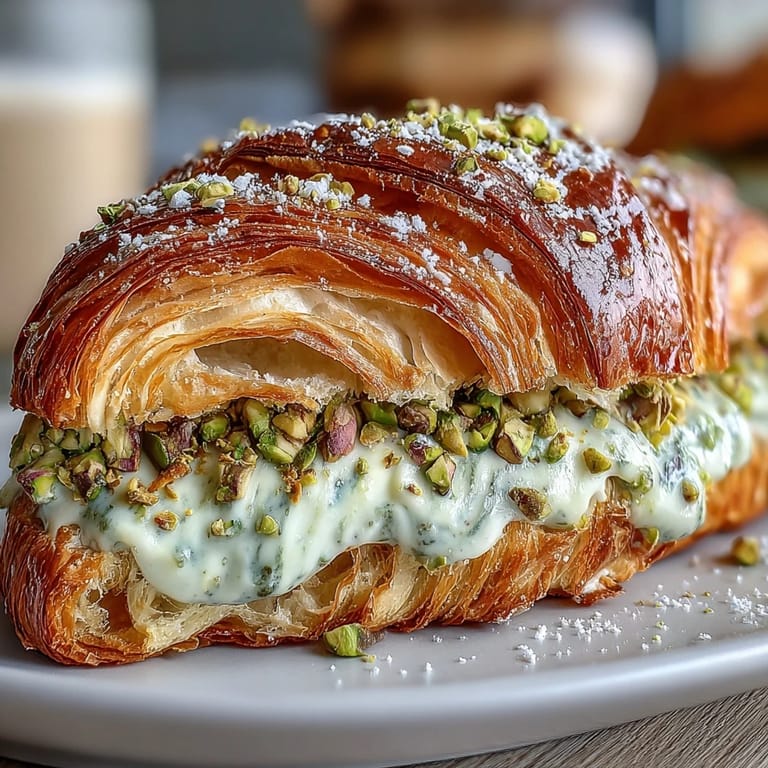 Irresistible pistachio cream croissant, dusted with sugar, perfect for brunch.