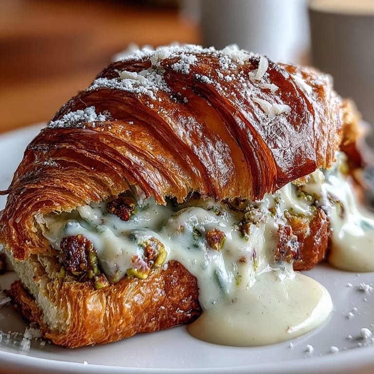Gourmet pistachio cream croissant, showcasing rich filling and flaky pastry layers.