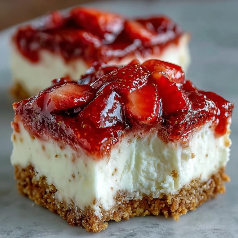 Decadent strawberry cheesecake bars, topped with fresh fruit and delightful cream.