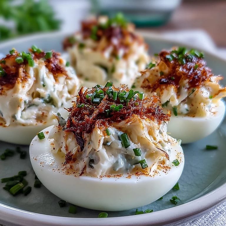 Creamy Crab Cake Deviled Eggs with Old Bay, a perfect party appetizer.