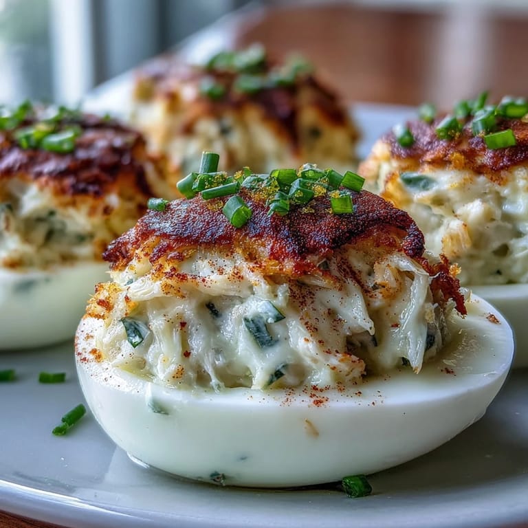 Gourmet Crab Cake Deviled Eggs with Old Bay, a delicious seafood appetizer.