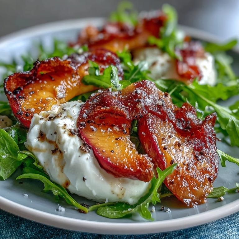 A vibrant burrata peach salad with salty prosciutto, perfect for light summer dining.