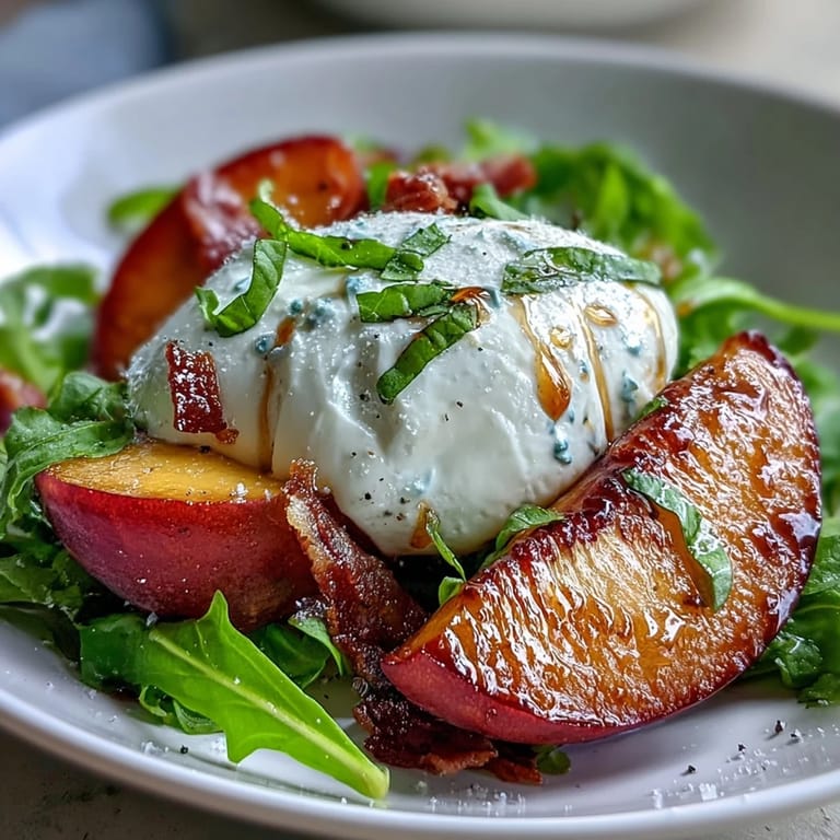 Enjoy this colorful burrata and peach summer salad, drizzled with balsamic glaze.