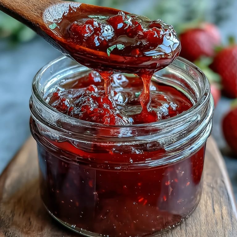 Freshly made Cottagecore Strawberry Jam, showcasing bright red berries and sweet homemade goodness.