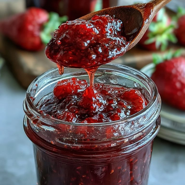 Close-up of homemade Cottagecore Strawberry Jam, spooned onto warm, crusty bread.
