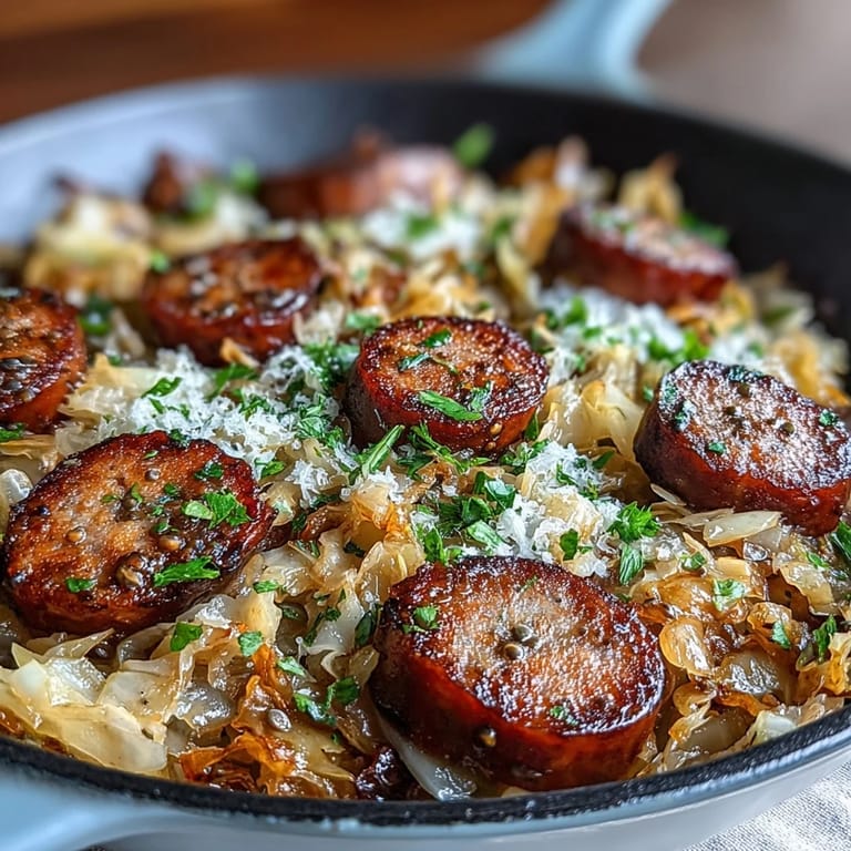 Delicious one-pan cabbage and sausage skillet, showcasing tender wilted greens and seared sausage.