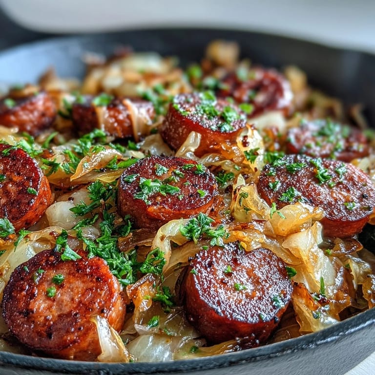 Savory cabbage and sausage skillet steaming hot, perfect with a sprinkle of fresh parsley.