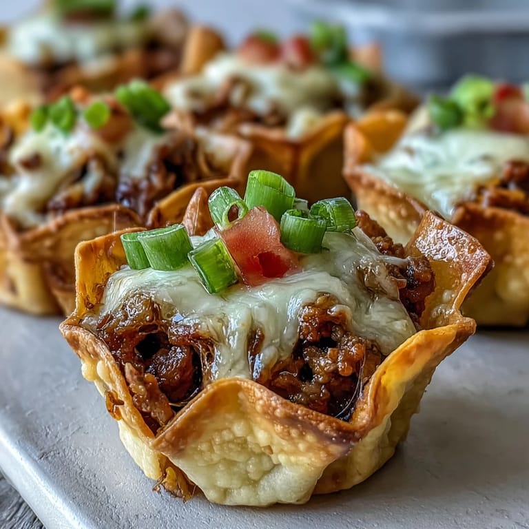 Appetizing mini taco cups in crunchy wrappers, a flavorful bite-sized Mexican fusion treat.