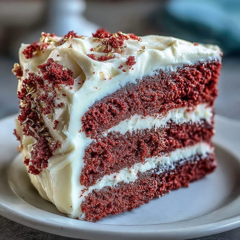 Decadent, deep-red Juneteenth cake, generously frosted, ready for celebration.
