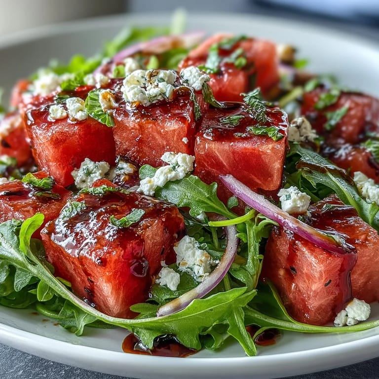 Juicy watermelon salad with creamy feta and peppery arugula, topped with reduction.
