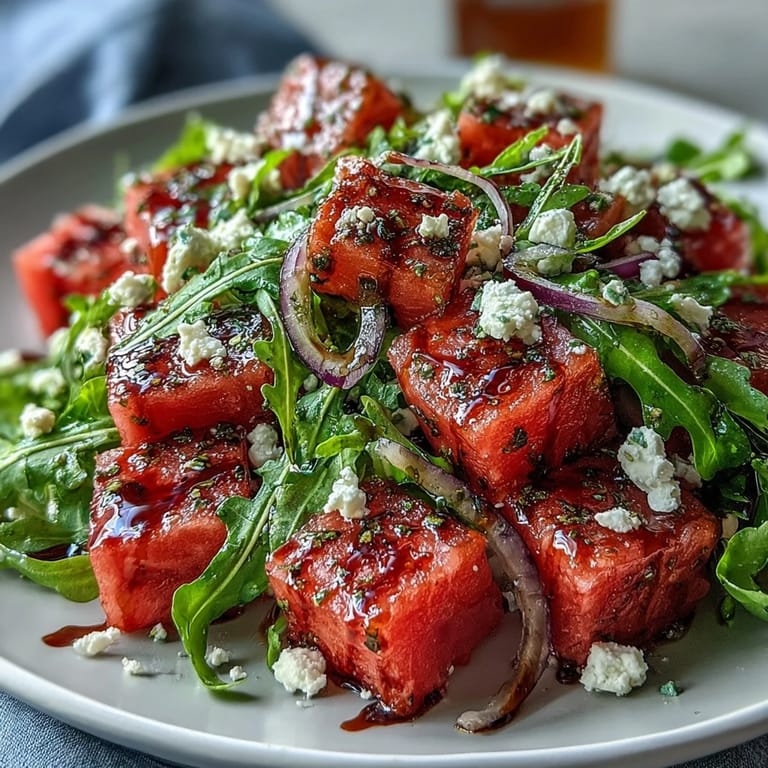 Sweet and savory Watermelon Feta Arugula Salad, tossed with fresh mint.