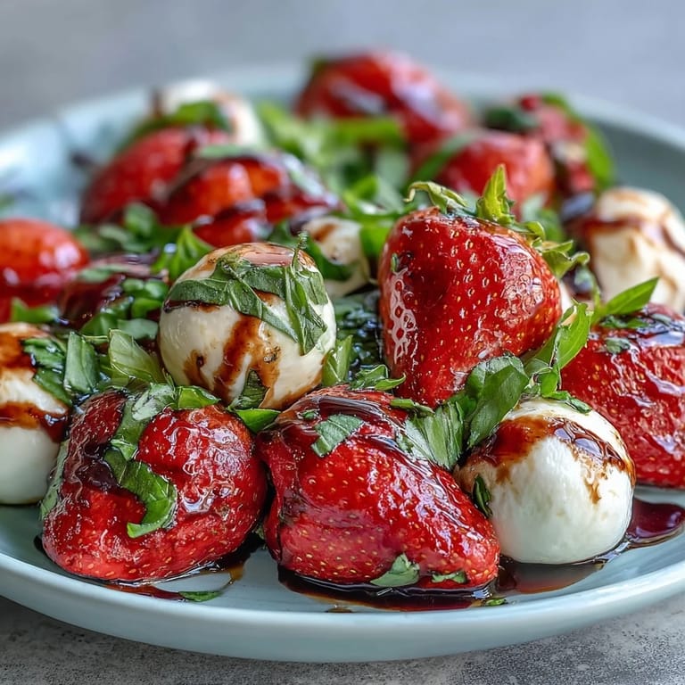 Easy strawberry Caprese salad featuring ripe berries, mozzarella, and basil.