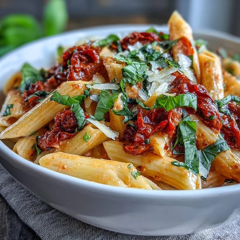 Rich, saucy one-pot creamy tomato basil pasta garnished with herbs.