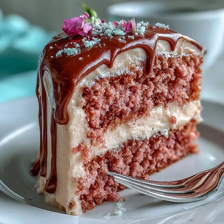 Plush Bridal Shower Rosé Velvet Cake ready to be sliced, drizzled with gold.