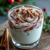 A chilled glass of Guava Coquito with creamy texture and a cinnamon stick garnish for a festive holiday sip.