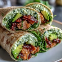 Fresh avocado and tuna wraps with baby spinach, perfect for a quick, healthy lunch on the go.