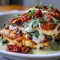 Creamy Tuscan Chicken with Sun-Dried Tomatoes in a rich, cheesy sauce with spinach and fresh basil.  
