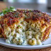Creamy mac and cheese bake with golden panko topping, bubbling and cheesy, perfect for a cozy family dinner.