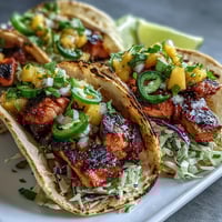 Grilled salmon tacos with mango salsa, served on warm corn tortillas with fresh cabbage.