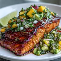 Baked salmon with mango avocado salsa, a vibrant summer dish with tender fish and fresh tropical fruit topping.