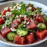 Vibrant Watermelon and Arugula Salad with creamy feta, mint, and lime dressing for a refreshing summer meal.