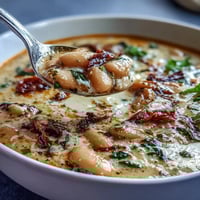Creamy Tuscan White Bean Soup with spinach and sun-dried tomatoes, a hearty bowl.