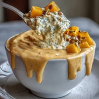 Creamy Mango Lassi Overnight Oats, topped with fresh mango and pistachios.