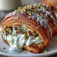 Flaky pistachio cream croissant, baked golden with a sweet almond filling.