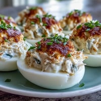 Crab Cake Deviled Eggs with Old Bay seasoning, featuring creamy filling and zesty spice.