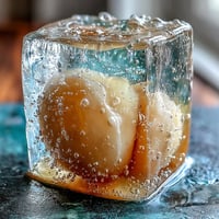Translucent lychee agar jelly cubes swim in vibrant sparkling yuzu water.