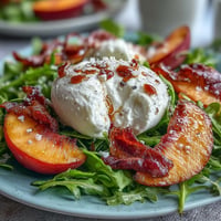Creamy burrata and sweet peaches headline this fresh summer salad with prosciutto.